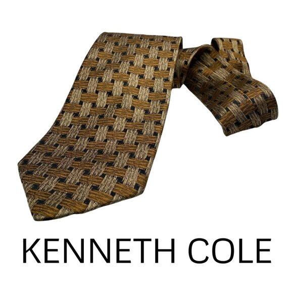 Kenneth Cole New York 100% Silk Handmade Gold & Black Basketweave Print Tie #222 - Picture 1 of 6